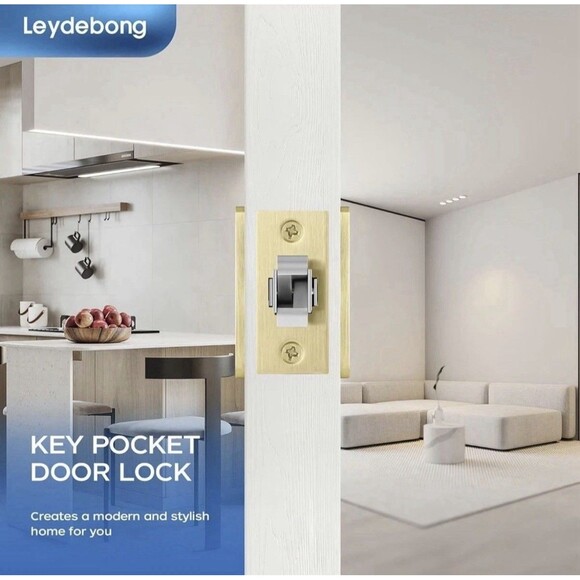 Leydebong Pack of 2 Gold Pocket Door Lock with Keys Square Pocket Door Hardware - Picture 6 of 15